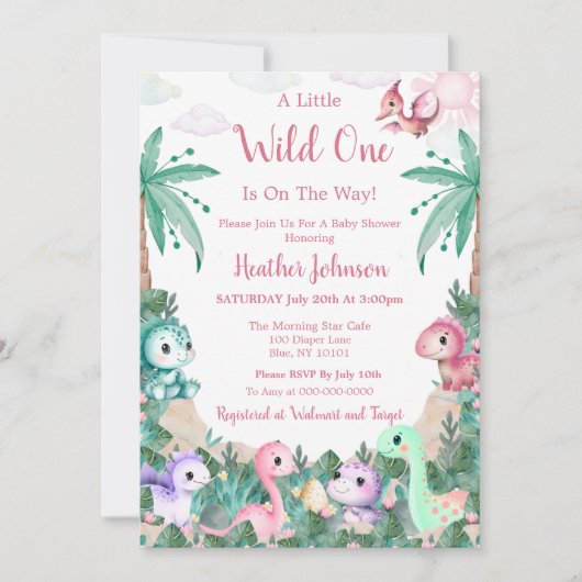 Waterverf Schattigee Dinosaurus Meisje Baby shower Kaart (Voorkant)