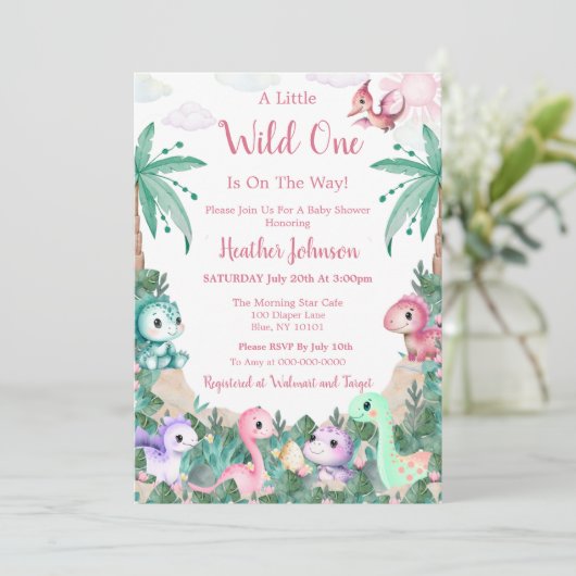 Waterverf Schattigee Dinosaurus Meisje Baby shower Kaart (Staand voorkant)