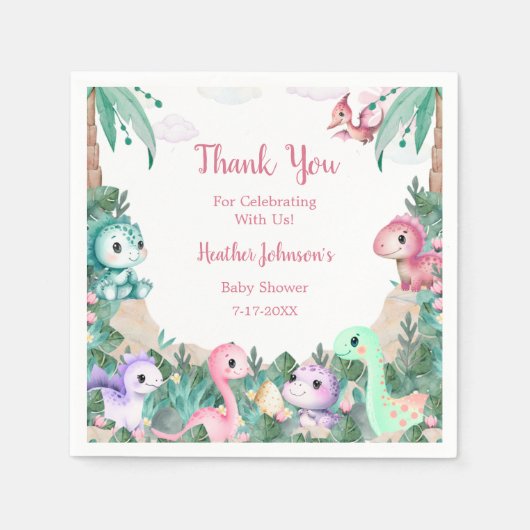 Waterverf Schattigee Dinosaurus Meisje Baby shower Servet (Voorkant)