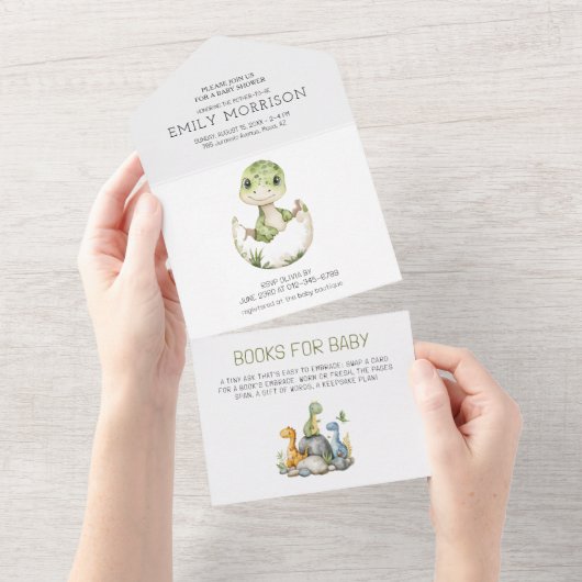 Waterverf Schattigee Dinosaurus Oerwoud Baby Boy S All In One Uitnodiging (Afscheurbaar)