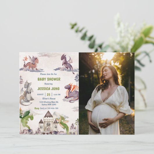 Waterverf Schattigee Dragon Baby shower Foto Kaart (Staand voorkant)