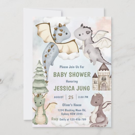 Waterverf Schattigee Dragon Baby shower Party Kaart (Voorkant)