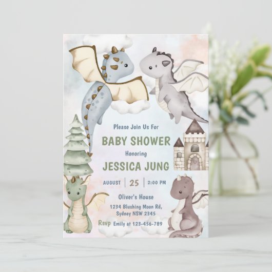 Waterverf Schattigee Dragon Baby shower Party Kaart (Staand voorkant)