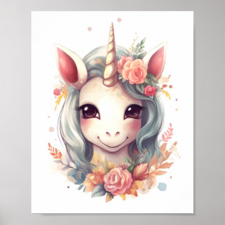 Waterverf Schattigee eenhoorn met bloemenportret Poster