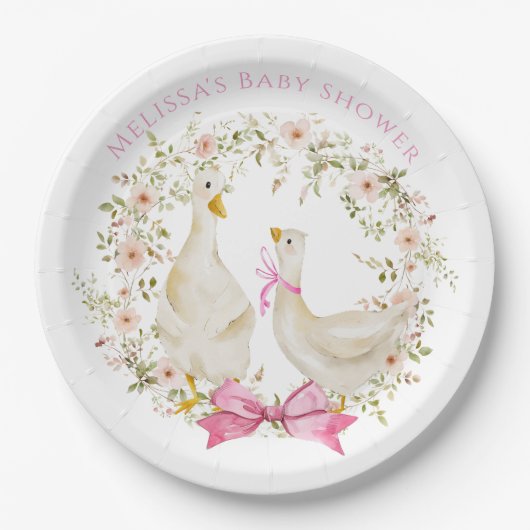 Waterverf Schattigee Gans Bloemen Baby shower Meis Papieren Bordje (Voorkant)