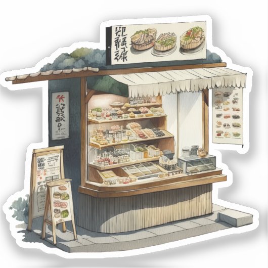 Waterverf Schattigee Japanse Food Stall Sticker (Voorkant)