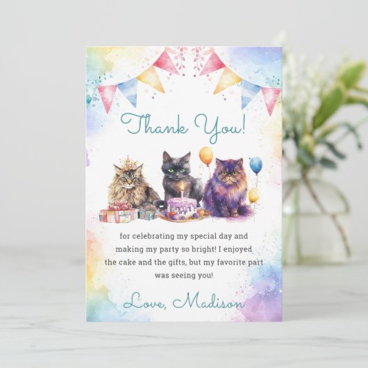 Waterverf Schattigee kat 1e verjaardag Kaart (Staand voorkant)