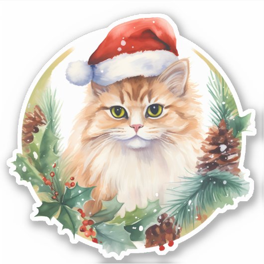 Waterverf Schattigee kat Holly bessen en dennenapp Sticker (Voorkant)