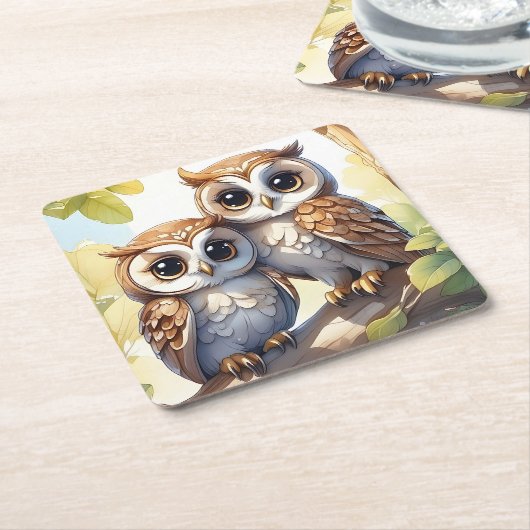 Waterverf Schattigee Kawaii Chibi Uilen op een boo Kartonnen Onderzetters (Schuin)