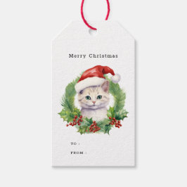 Waterverf Schattigee kerstkat in een kerstmuts Cadeaulabel