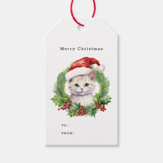 Waterverf Schattigee kerstkat in een kerstmuts Cadeaulabel (Voorkant)