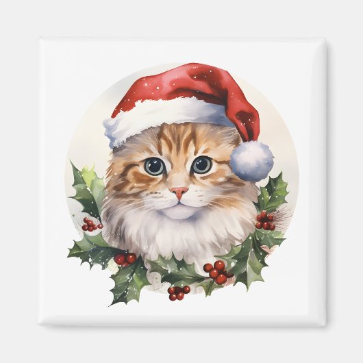 Waterverf Schattigee kerstkat in Santa Hat Magneet (Voorkant)