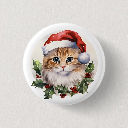 Waterverf Schattigee kerstkat in Santa Hat Ronde Button 3,2 Cm (Voorkant)