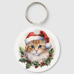 Waterverf Schattigee kerstkat in Santa Hat Sleutelhanger