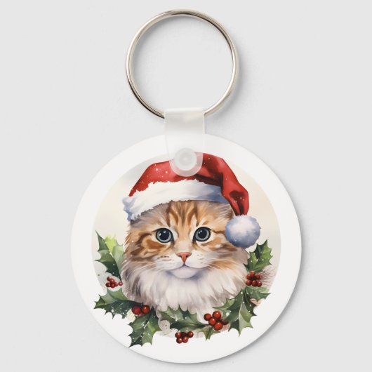 Waterverf Schattigee kerstkat in Santa Hat Sleutelhanger (Voorkant)
