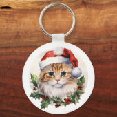 Waterverf Schattigee kerstkat in Santa Hat Sleutelhanger (Voorkant)