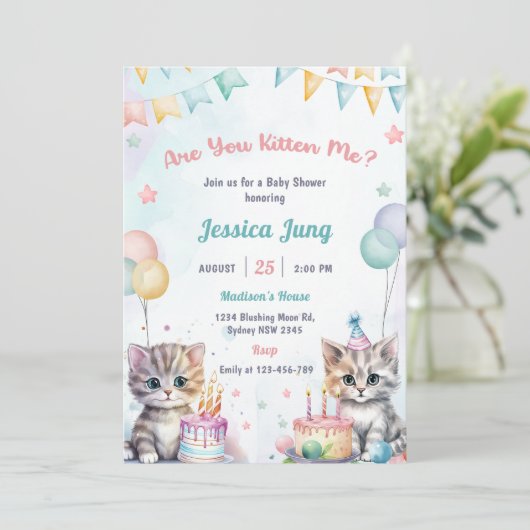 Waterverf Schattigee Kitty Cat Baby shower Party Kaart (Staand voorkant)