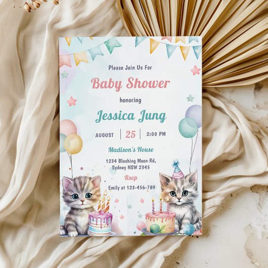 Waterverf Schattigee Kitty Cat Baby shower Party Kaart