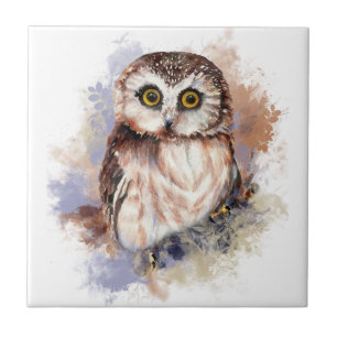Waterverf Schattigee Kleine Zag Whet Owl Bird Tegeltje