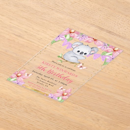 Waterverf Schattigee Koala & Tropical Flowers Verj Acryl Uitnodigingen (Laagn)