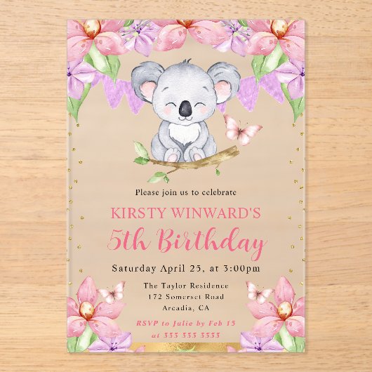 Waterverf Schattigee Koala & Tropical Flowers Verj Acryl Uitnodigingen (Voorkant)