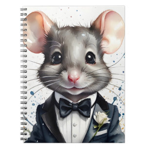 Waterverf Schattigee Muis Tuxedo Zwart Bow Stropda Notitieboek