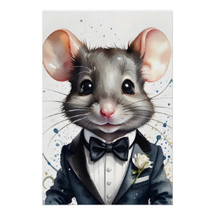 Waterverf Schattigee Muis Tuxedo Zwart Bow Stropda Perfect Poster