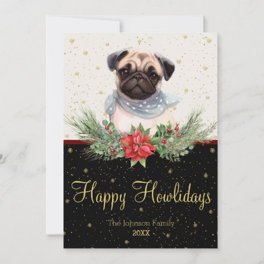 Waterverf Schattigee Pug Dog Happy Howholidays Feestdagenkaart (Voorkant)