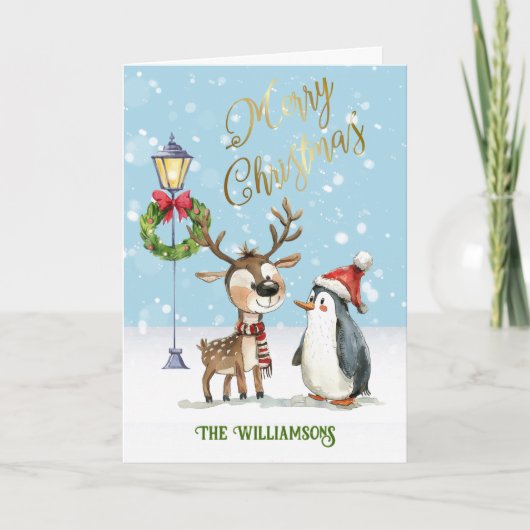 Waterverf Schattigee rendier kerstboom Kaart (Voorkant)