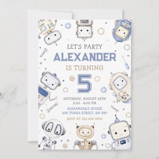 Waterverf Schattigee Robot Kids Verjaardagsfeest Kaart (Voorkant)
