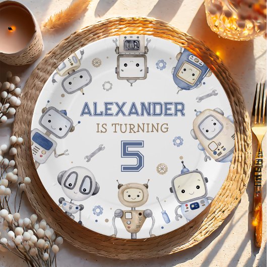 Waterverf Schattigee Robot Kids Verjaardagsfeest Papieren Bordje