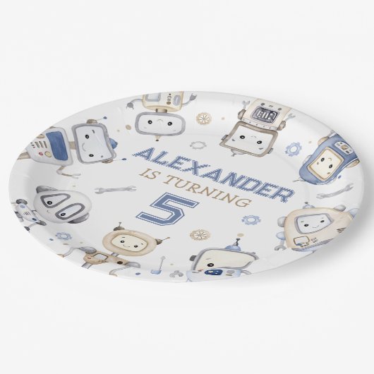 Waterverf Schattigee Robot Kids Verjaardagsfeest Papieren Bordje (Gekanteld)