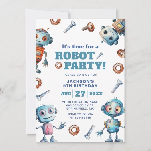 Waterverf Schattigee Robot Kinderen Verjaardag Kaart (Voorkant)