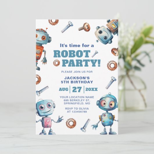 Waterverf Schattigee Robot Kinderen Verjaardag Kaart (Staand voorkant)