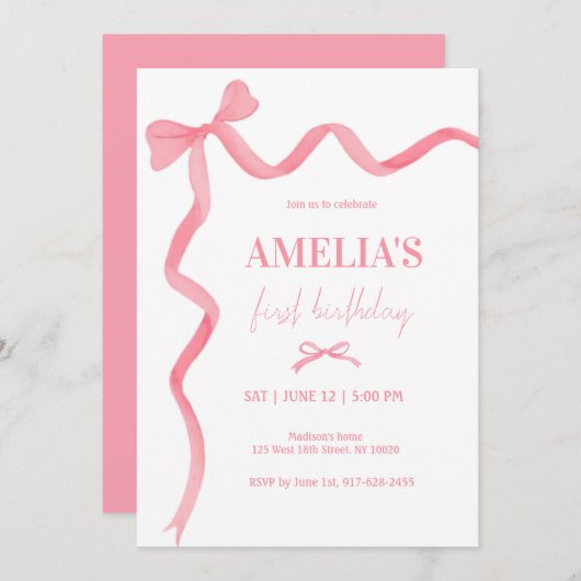 Waterverf Schattigee Roze Bow Coquette 1e Verjaard Kaart (Voorkant / Achterkant)