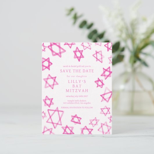 Waterverf Schattigee Roze Ster van David Bar Bat M Aankondigingskaart (Staand voorkant)