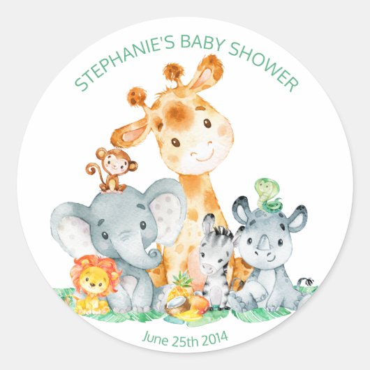 Waterverf Schattigee Safari Oerwoud Baby shower St Ronde Sticker (Voorkant)
