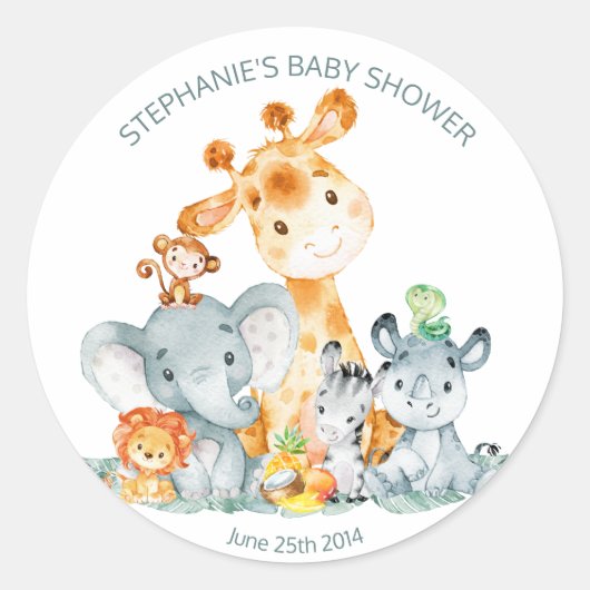 Waterverf Schattigee Safari Oerwoud Baby shower St Ronde Sticker (Voorkant)