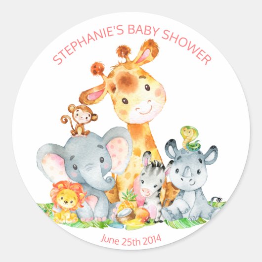 Waterverf Schattigee Safari Oerwoud Baby shower St Ronde Sticker (Voorkant)