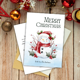 Waterverf Schattigee Sneeuwman Bloemen Kerst Feestdagenkaart