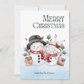 Waterverf Schattigee sneeuwman paar vrolijk kerstf Feestdagenkaart (Voorkant)