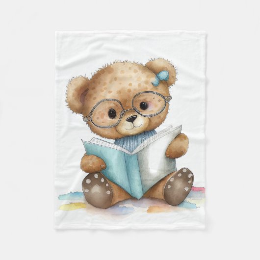 Waterverf Schattigee Teddy Bear Leesboeken Bibliot Fleece Deken (Voorkant)