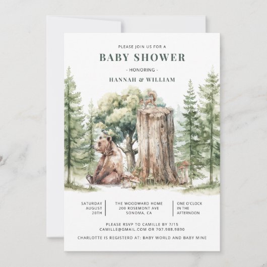 Waterverf Schattigee Woodland Beer Forest Baby sho Kaart (Voorkant)