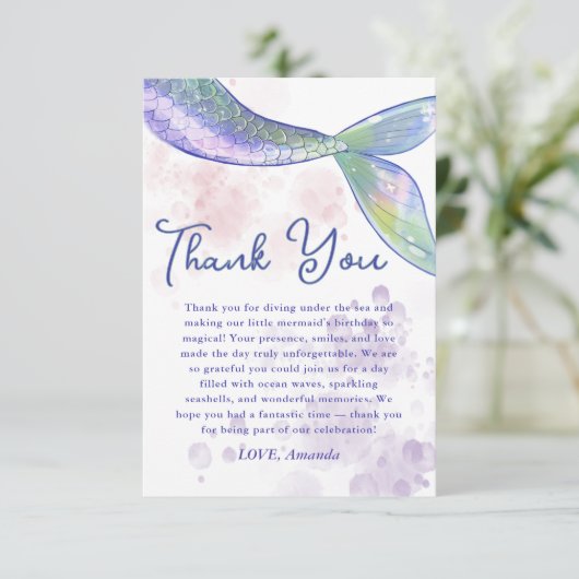 Waterverf Schattigee Zeemeermin Staart Dank u Kaar Bedankkaart (Staand voorkant)