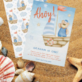 Waterverf Schattigee zeilboot Beer Verjaardagsfees Kaart