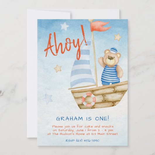 Waterverf Schattigee zeilboot Beer Verjaardagsfees Kaart (Voorkant)