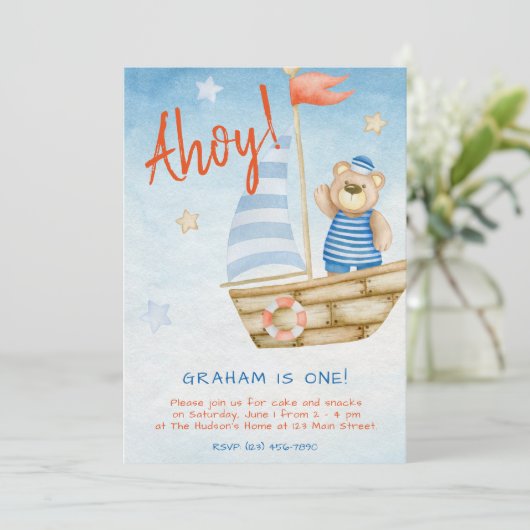 Waterverf Schattigee zeilboot Beer Verjaardagsfees Kaart (Staand voorkant)