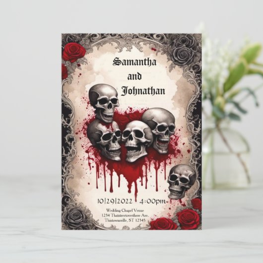 Waterverf schedel en bloedend hart Gothic bruiloft Kaart (Staand voorkant)