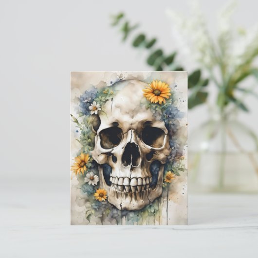 Waterverf schedel met wilde bloemen briefkaart (Staand voorkant)