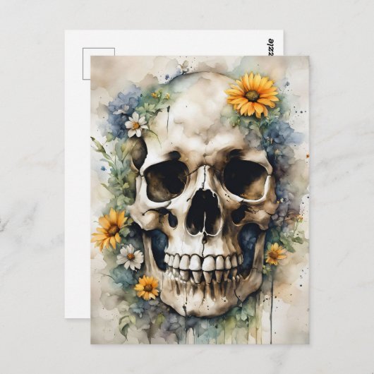 Waterverf schedel met wilde bloemen briefkaart (Voorkant / Achterkant)